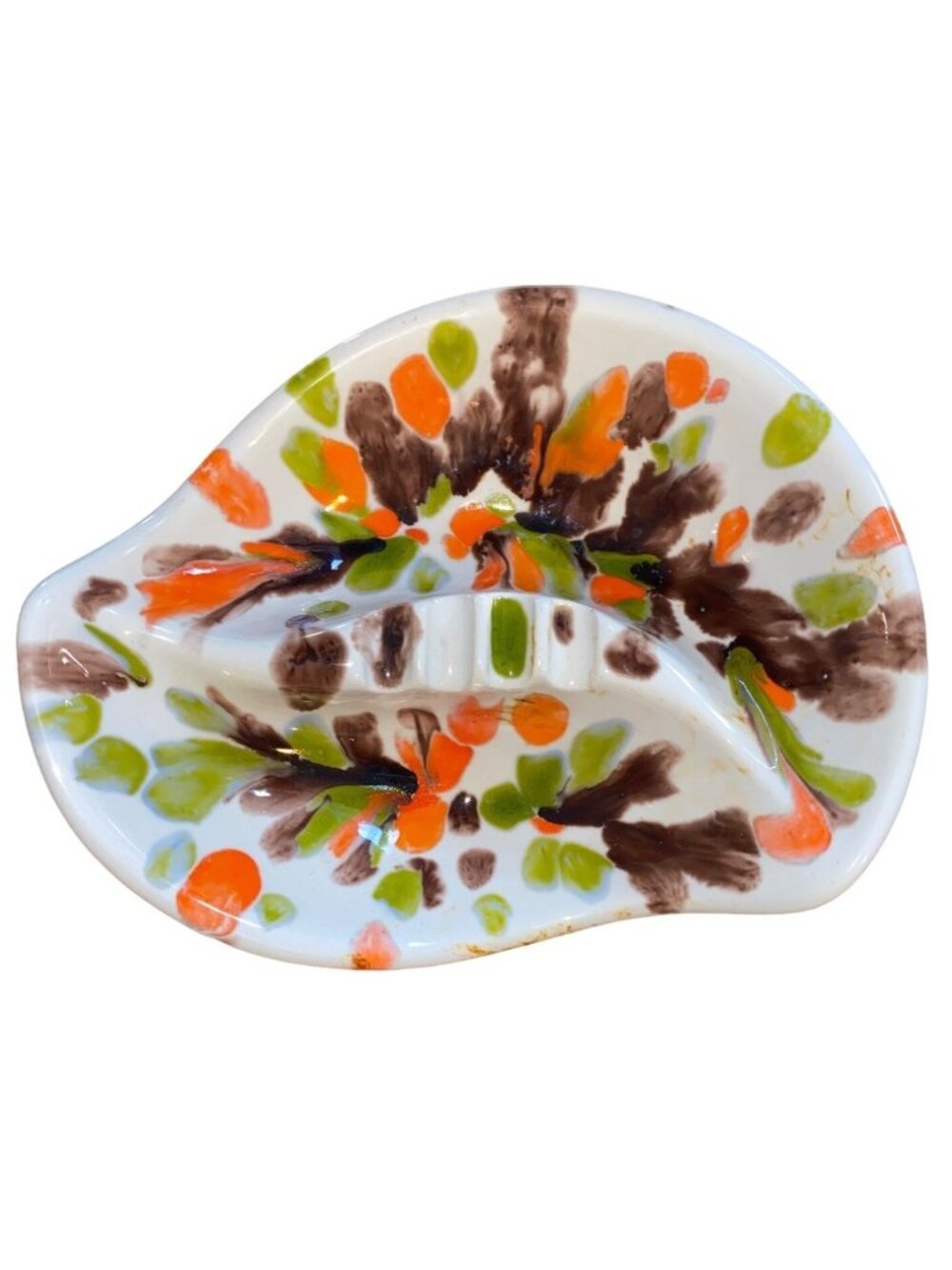 Hand-Painted Ceramic Ashtray Drip Glaze Orange Green Brown White Divots For Ciga